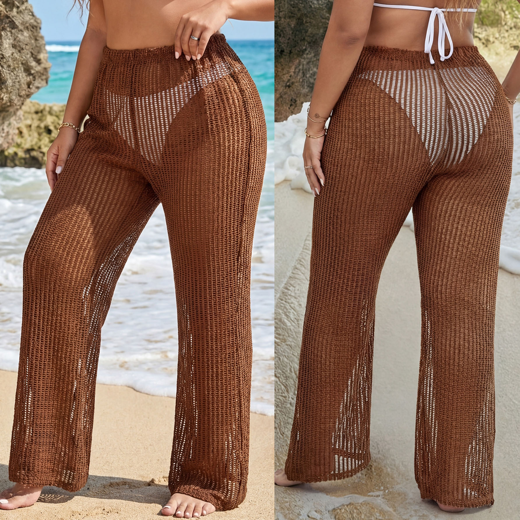 Plus Size Knitted Hollow-Out See-Through Beach Pants