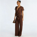 Spring Summer Women Mesh Deep V-Neck Top High Waist Bell Bottom Pants Two-Piece Set