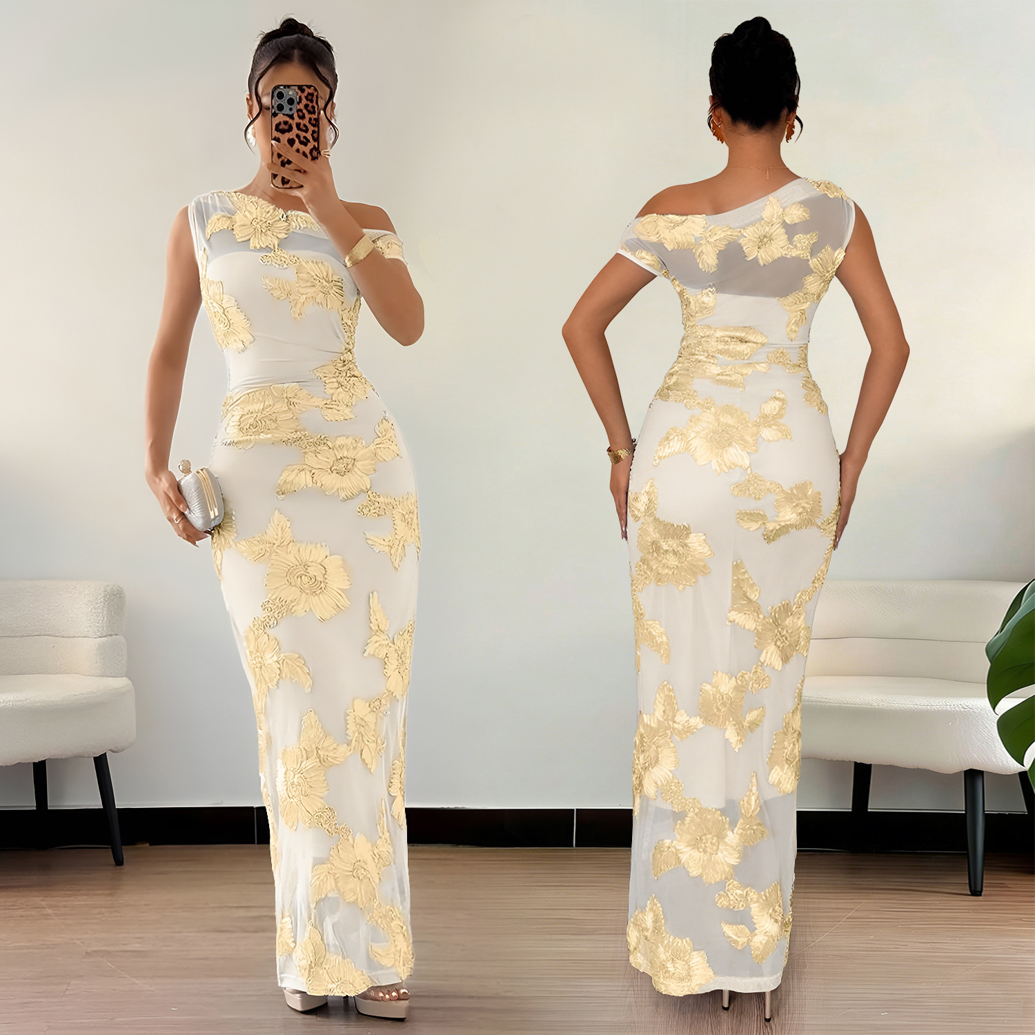 Mesh Slash Shoulder Bodycon Dress for Evening Parties