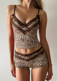 Women Sexy Leopard Print Bow Color Block Lace Patchwork Camisole Top and Shorts Two Piece Set
