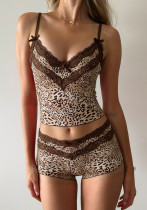 Women Sexy Leopard Print Bow Color Block Lace Patchwork Camisole Top and Shorts Two Piece Set
