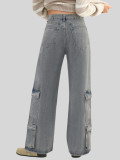Women Ripped Cargo Denim Wide Leg Long Pants