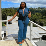 Spring Summer Women Mesh Deep V-Neck Top High Waist Bell Bottom Pants Two-Piece Set