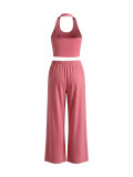 Women Halter Neck Slim Vest Drawstring Wide Leg Pants Casual Tracksuit