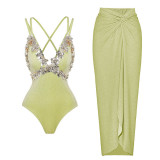 Women Green Glitter One Piece Swimsuit Beach Set