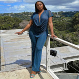Spring Summer Women Mesh Deep V-Neck Top High Waist Bell Bottom Pants Two-Piece Set