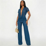 Spring Summer Women Mesh Deep V-Neck Top High Waist Bell Bottom Pants Two-Piece Set
