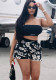 Women Letter Print Strapless + Floral Print Shorts Sexy Casual Two Piece Set