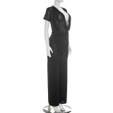 Spring Summer Women Mesh Deep V-Neck Top High Waist Bell Bottom Pants Two-Piece Set