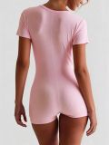 Women Solid Ribbed Button Front Short Sleeve Tight Fitting Jumpsuit