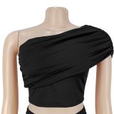 Women Sexy Slash Shoulder Crop Top & Midi Skirt Two-Piece Set