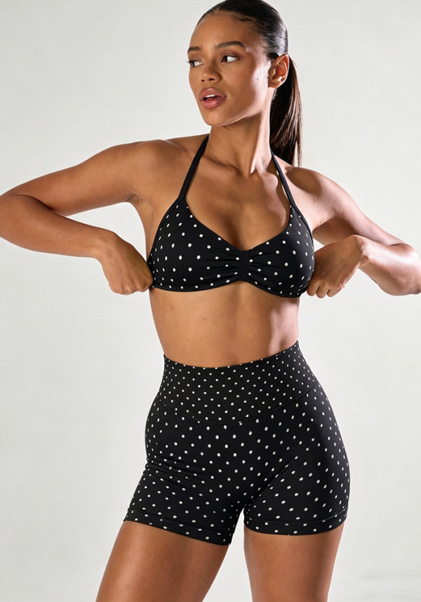 Women High Stretch Polka Dot Halter Neck Tank Top Butt Lifting Seamless Yoga Sports Two-Piece Tracksuit