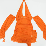 Women Spring Summer Sexy Mesh See-Through Halter Neck Backless Lace-Up Pleated Dress