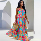 Women Summer Strap Ruffled Loose Printed Dress