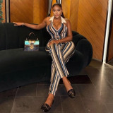 Women Striped V-Neck Button Printed Casual Slim Pants Two-Piece Outfit Set