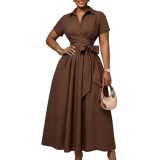 Women Summer Turndown Collar Short Sleeve Lace-Up Solid Color Slim Waist Dress