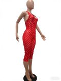 Women Fashion Halter Neck Polka Dot Fishbone Zip Slim Waist Seven-Point Fake Two-Piece Jumpsuit