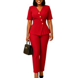 Women Solid Color Fashion Top And Pants Two-Piece African Outfit Set
