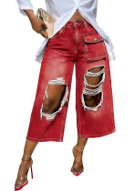 Women American Red Gradient Ripped Raw Edge Seven-Point Wide Leg Pants Women American Red Gradient Ripped Raw Edge Seven-Point Wide Leg Pants