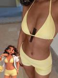 Women Holiday Solid Color Halter Neck Two-Piece Shorts Bikini Swimwear