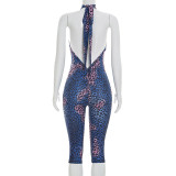 Women Tie Dye Leopard Print Halter Neck Lace-Up Backless Cropped Jumpsuit