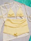 Women Holiday Solid Color Halter Neck Two-Piece Shorts Bikini Swimwear