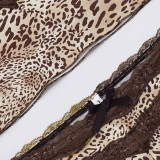 Women Sexy Leopard Print Bow Color Block Lace Patchwork Camisole Top and Shorts Two Piece Set