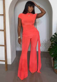 Women Ruched Ribbon Short Sleeve Top & Flared Pants Slim Fit Two-Piece Outfit Set