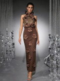 Women Bandage Halter Neck See-Through Mesh Sequin Flower Bodycon Slit Maxi Dress