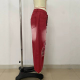 Women American Red Gradient Ripped Raw Edge Seven-Point Wide Leg Pants
