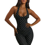 Women Fashion Halter Neck Polka Dot Fishbone Zip Slim Waist Seven-Point Fake Two-Piece Jumpsuit