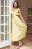 Women Summer Chiffon Flower Pleated Backless Criss Cross Lace-Up Dress