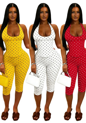 Women Fashion Halter Neck Polka Dot Fishbone Zip Slim Waist Seven-Point Fake Two-Piece Jumpsuit