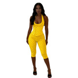 Women Fashion Halter Neck Polka Dot Fishbone Zip Slim Waist Seven-Point Fake Two-Piece Jumpsuit