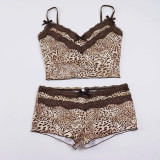 Women Sexy Leopard Print Bow Color Block Lace Patchwork Camisole Top and Shorts Two Piece Set