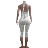 Women Fashion Halter Neck Polka Dot Fishbone Zip Slim Waist Seven-Point Fake Two-Piece Jumpsuit