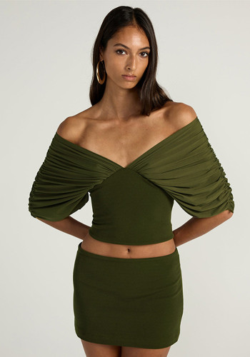 Women Spring Summer Elegant Off Shoulder Low Back Slim Waist Ruched Two-Piece Outfit Set