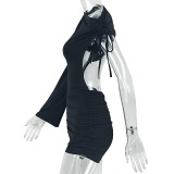 Women Solid Color Bodycon Slash Shoulder One-Shoulder Long Sleeve Asymmetrical Short Jumpsuit