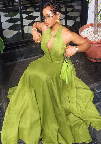 Women Summer Fashion Halter Neck Sleeveless V-Neck Slim Button Dress