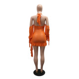 Women Spring Summer Sexy Mesh See-Through Halter Neck Backless Lace-Up Pleated Dress