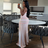 Women Summer Strap Striped Slim Waist Low Back Dress