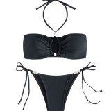 Women Summer Strapless Halter Neck Beaded Tie Sexy Two-Piece Bikini Swimwear