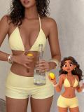 Women Holiday Solid Color Halter Neck Two-Piece Shorts Bikini Swimwear