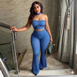 Women Trendy Polka Dot Low Back Wrap Slim Wide Leg Yoga Two-Piece Outfit Set