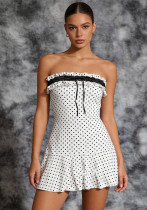Women Elegant Polka Dot Slim Waist Strapless Patchwork Lace Short Dress