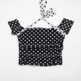 Women Color Block Polka Dot Print Lace-Up Off Shoulder Top and Shorts Two Piece Set