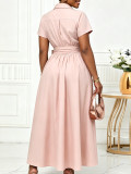 Women Summer Turndown Collar Short Sleeve Lace-Up Solid Color Slim Waist Dress