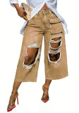 Women American Red Gradient Ripped Raw Edge Seven-Point Wide Leg Pants