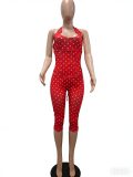 Women Fashion Halter Neck Polka Dot Fishbone Zip Slim Waist Seven-Point Fake Two-Piece Jumpsuit