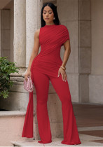 Women Solid Color Pleated Lace-Up High Neck One-Shoulder Irregular Wide Leg Jumpsuit